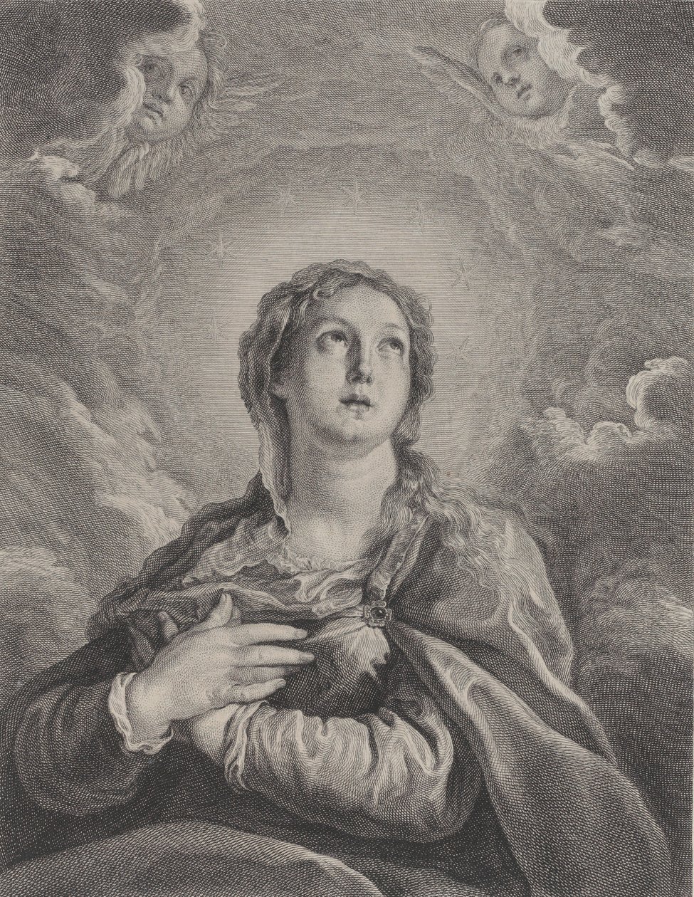 A Szűzanya, kezét a mellén összefonva, felfelé néz, 1729-40. alkotó: Frédéric Horthemels