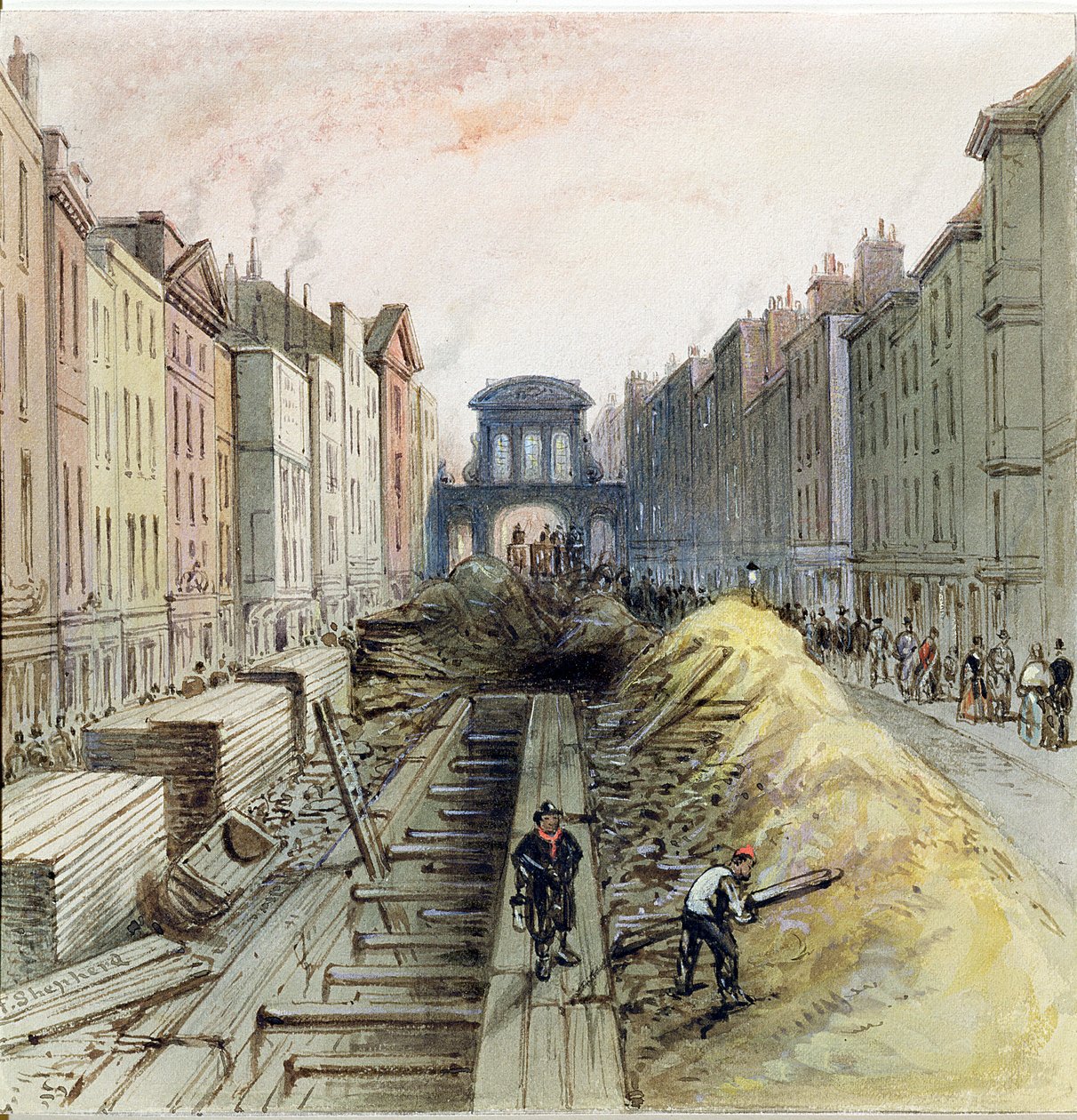 Fleet Street az új közös csatornával, építés alatt, 1845 alkotó: Frederick Shepherd