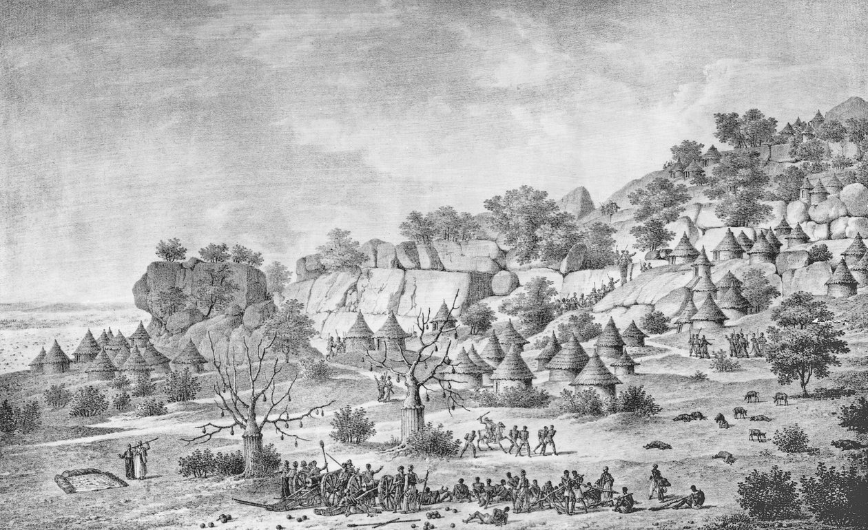 A Bertat régióban található Agadytól északra fekvő falu kilátása a „Voyage à Meroe: au rivière Blanc, Fazoql túloldalán, Snnar a Syouah királyságának déli részén”, 1827-ben jelent meg. alkotó: Frederic Cailliaud