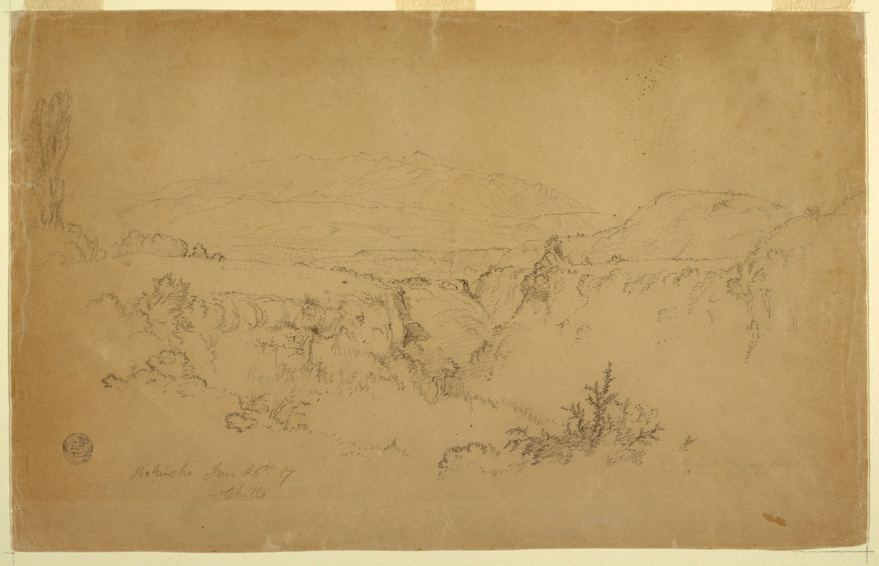 Rajz, Kilátás a Pichincha -hegyre Chillo -ból, Ecuador, 1857. június 26 alkotó: Frederic Edwin Church