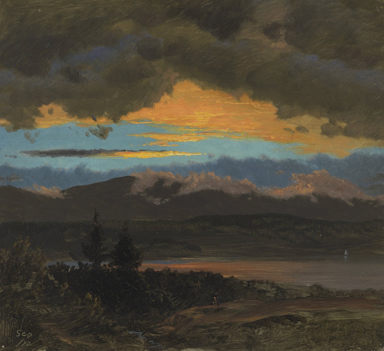 Naplemente a New York -i Hudson -völgyben alkotó: Frederic Edwin Church