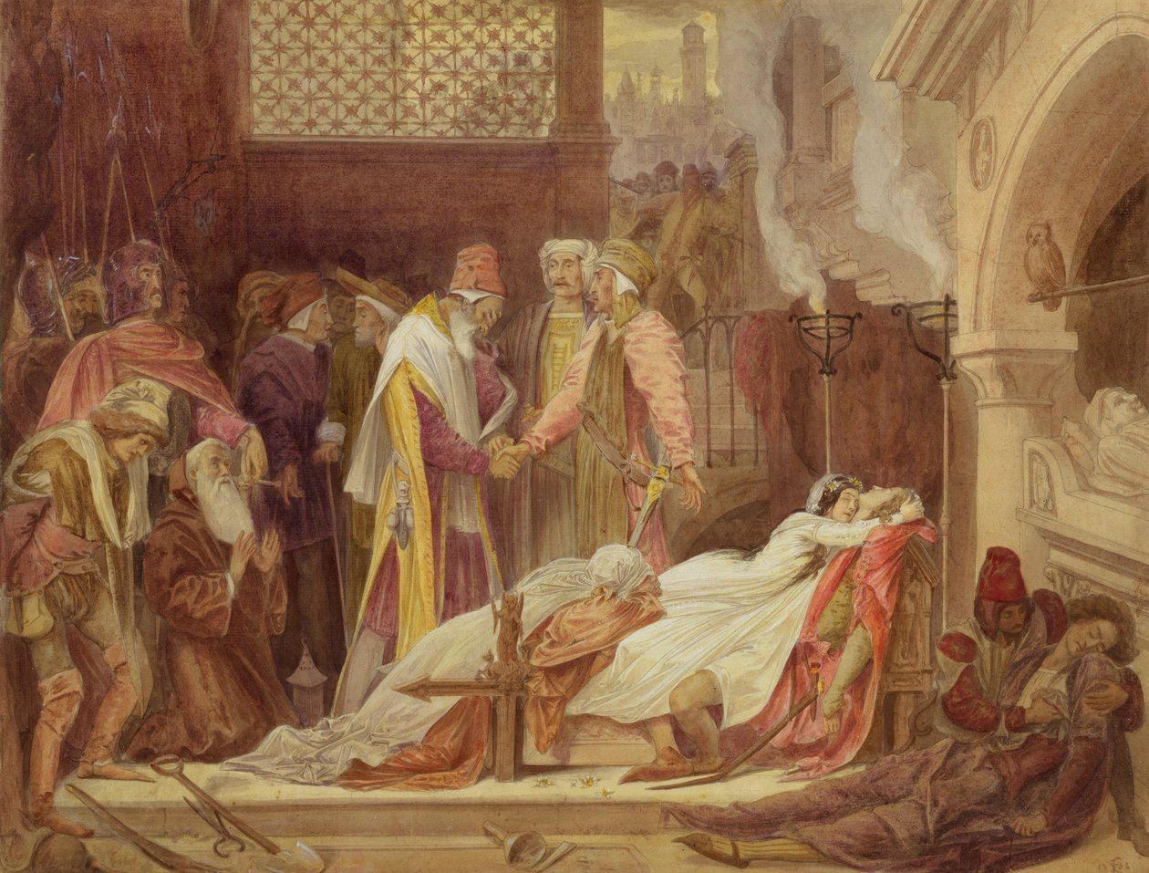 A Montague-k és a Capulet-ek megbékélése, 1854 körül (wc, testszín és gumi grafit felett, papíron) alkotó: Frederic Leighton