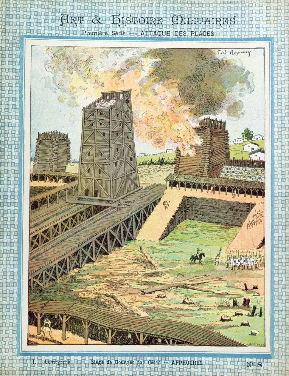 Bourges ostroma Julius Caesar galliai inváziója idején (Kr. e. 100-44) egy tankönyvek védőborítójából, 19. század vége. alkotó: Frederic Regamey