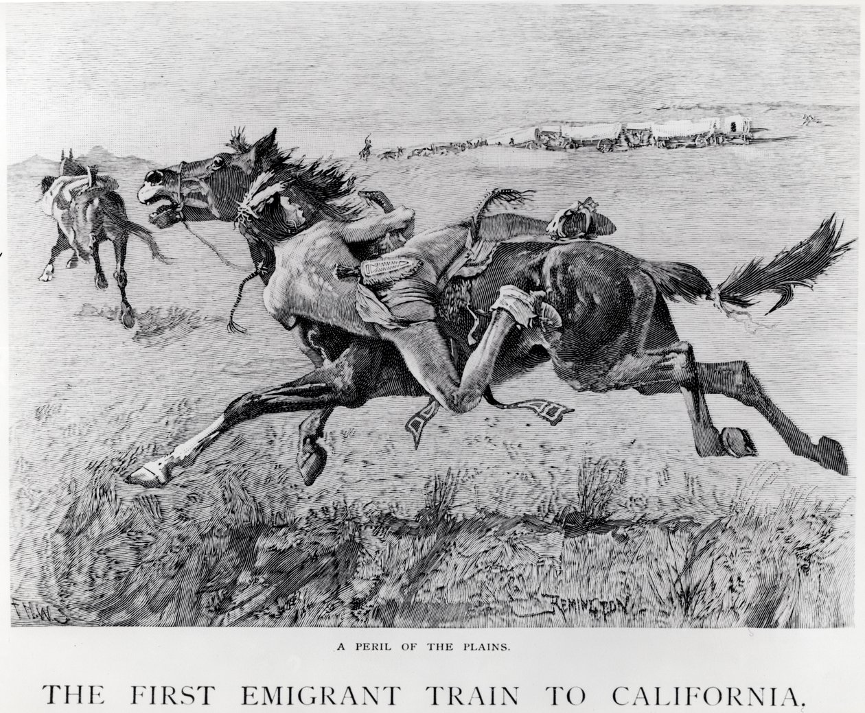 A síkság veszedelme, az első kivándorló vonat Kaliforniába, metszett F.H.W. alkotó: Frederic Remington