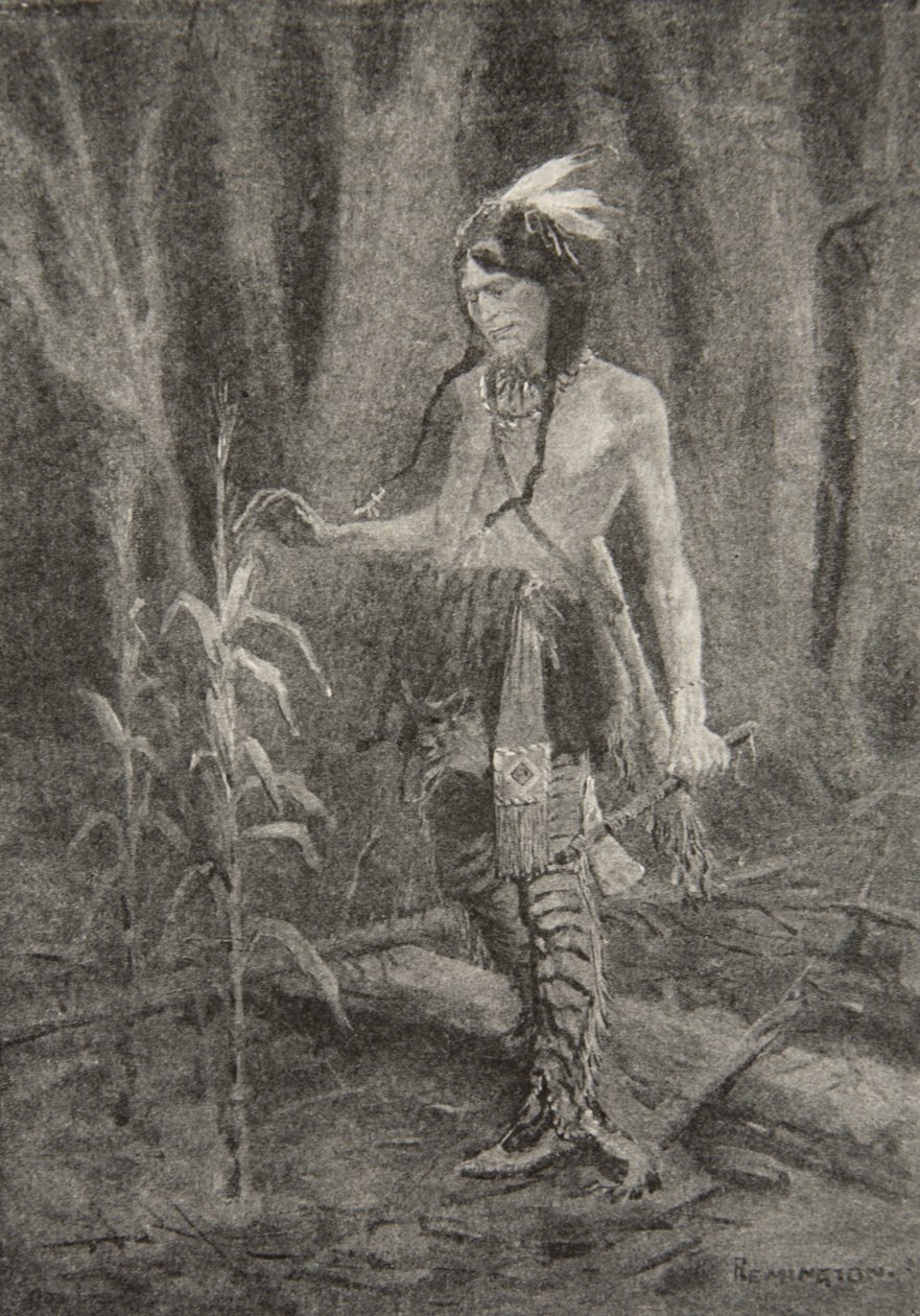 És meglátott egy fiatalt közeledni, zöld és sárga ruhákba öltözve, Henry Wadsworth Longfellow (1807-82) Hiawatha dala című kocsmából. George G. Harrap und Company Ltd., 1911 alkotó: Frederic Remington