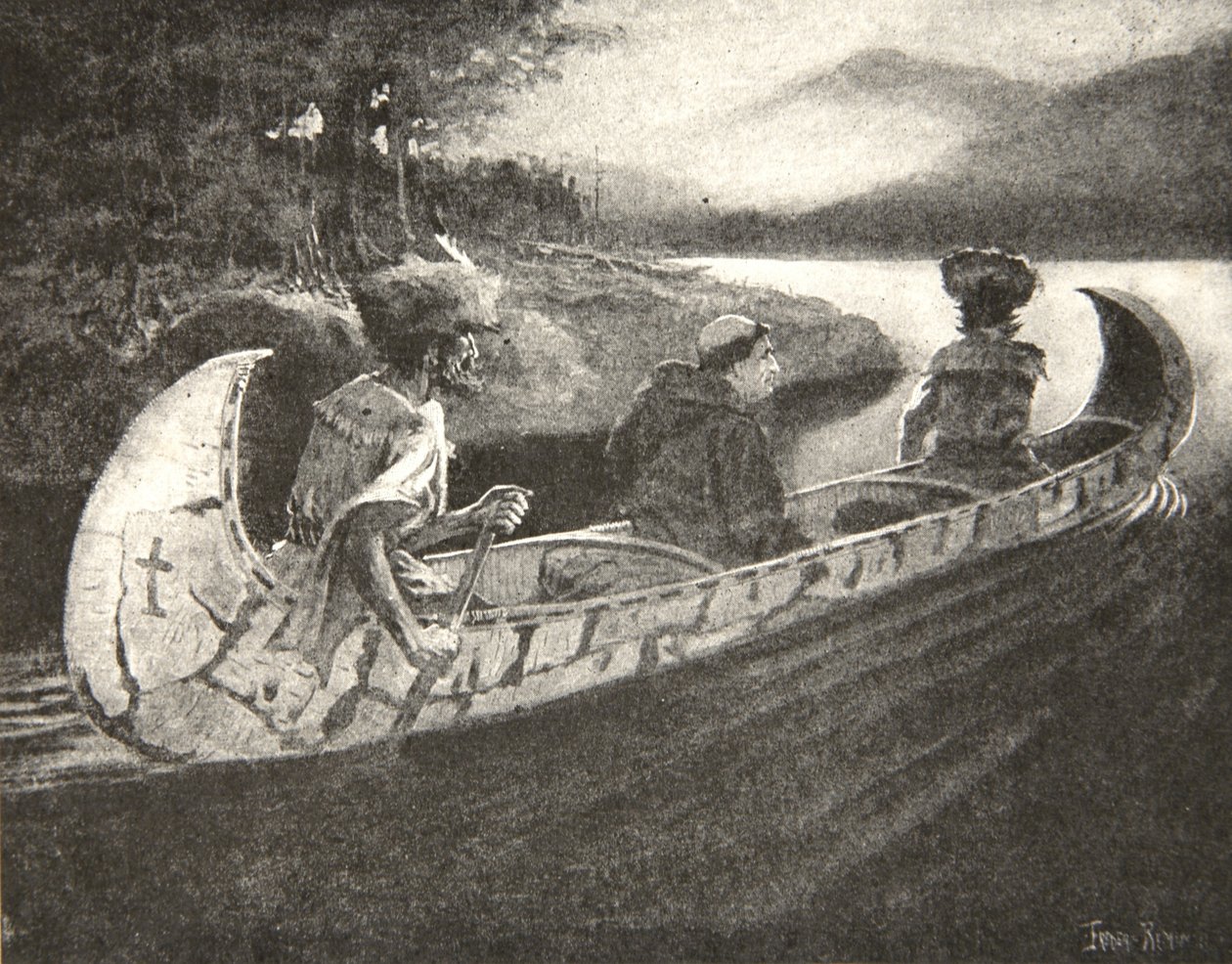 Jött a feketeköpenyes főnök,... a sápadt arcú, vezetőivel és társaival, Henry Wadsworth Longfellow (1807-82) Hiawatha dala című kocsmából. szerző: George G. Harrap und Company Ltd., 1911 (litho alkotó: Frederic Remington