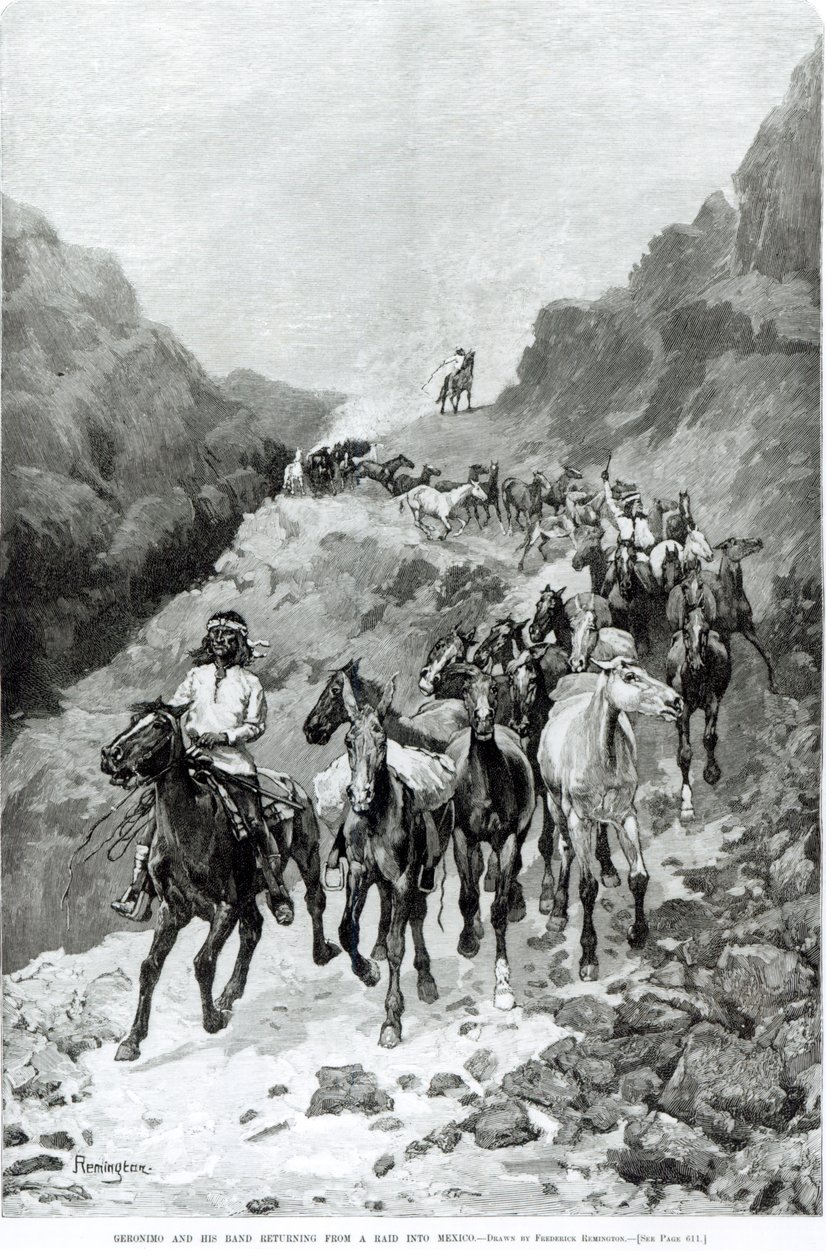 Geronimo és bandája visszatér egy razziából Mexikóba alkotó: Frederic Remington