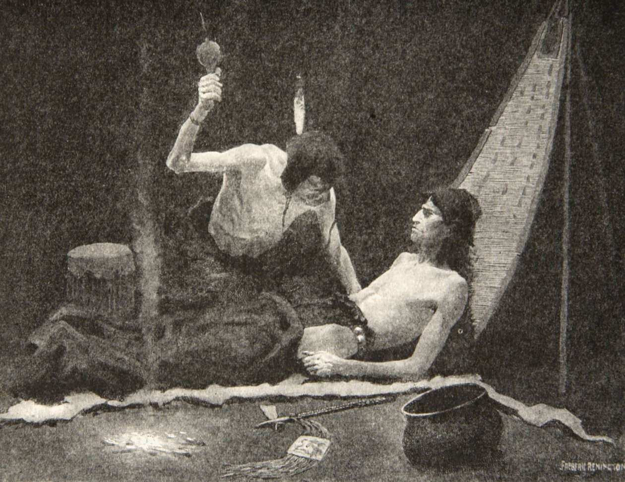 Erősíthetlek, testvérem, meg tudlak gyógyítani, Hiawatha!, Henry Wadsworth Longfellow (1807-82) Hiawatha dala című kocsmából. George G. Harrap und Company Ltd., 1911 alkotó: Frederic Remington