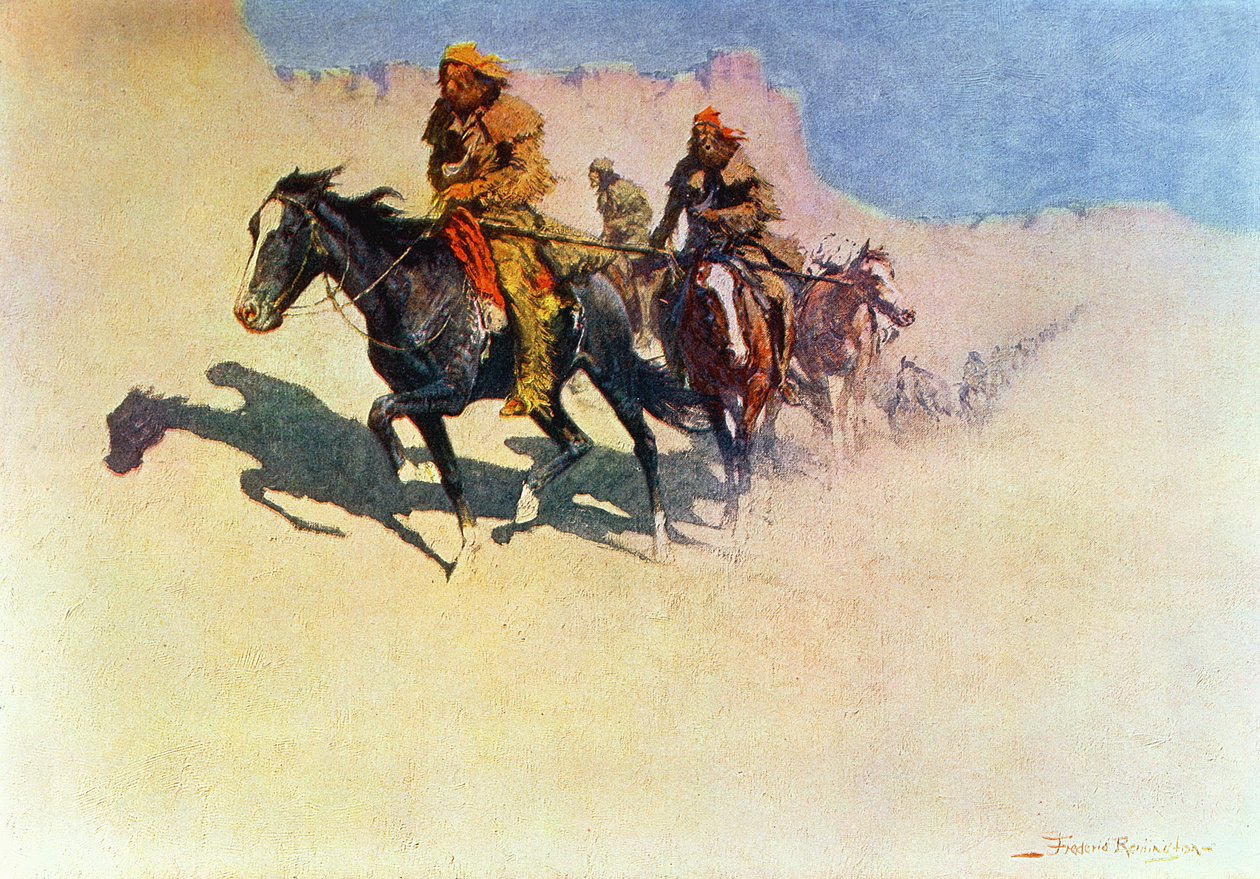 Jedediah Smith a sivatagon át a Green Rivertől a San Diego-i spanyol településekig, a "The Great Explorers"-ből, 1906 alkotó: Frederic Remington