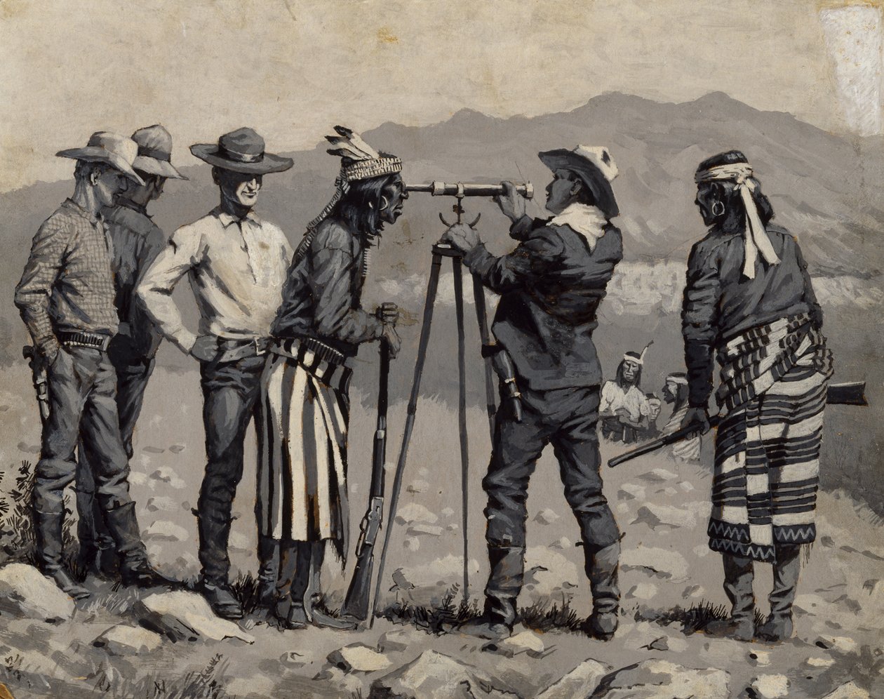 Távcsövön keresztül nézve, 1888 körül (fekete-fehér olaj, tábla) alkotó: Frederic Remington