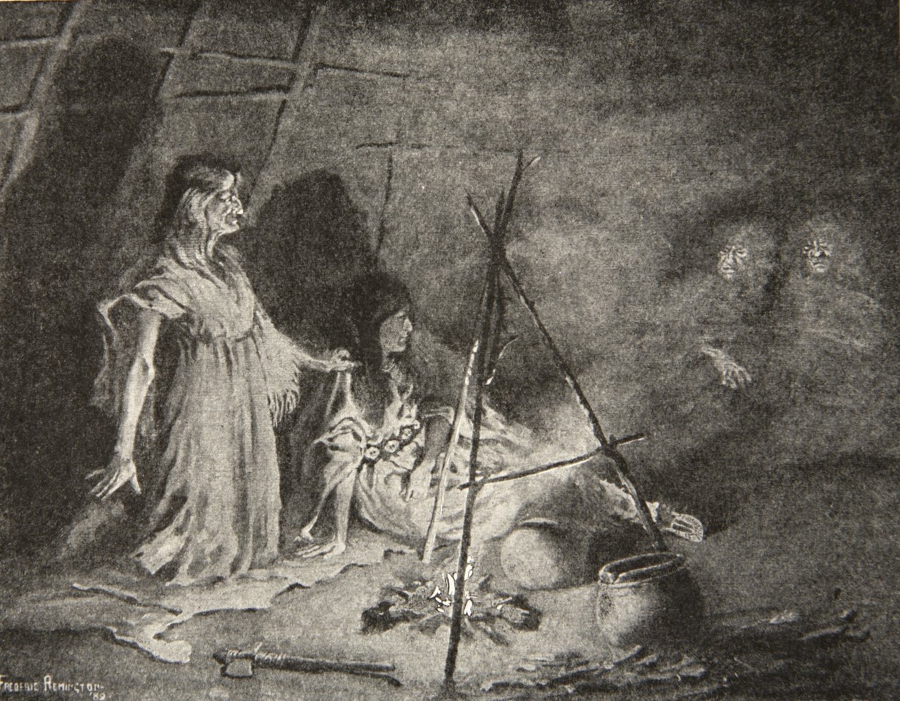Leült a legtávolabbi sarokba, guggolva az árnyak között, Henry Wadsworth Longfellow (1807-82) The Song of Hiawatha című művéből, kiadó: George G. Harrap und Company Ltd., 1911. alkotó: Frederic Remington
