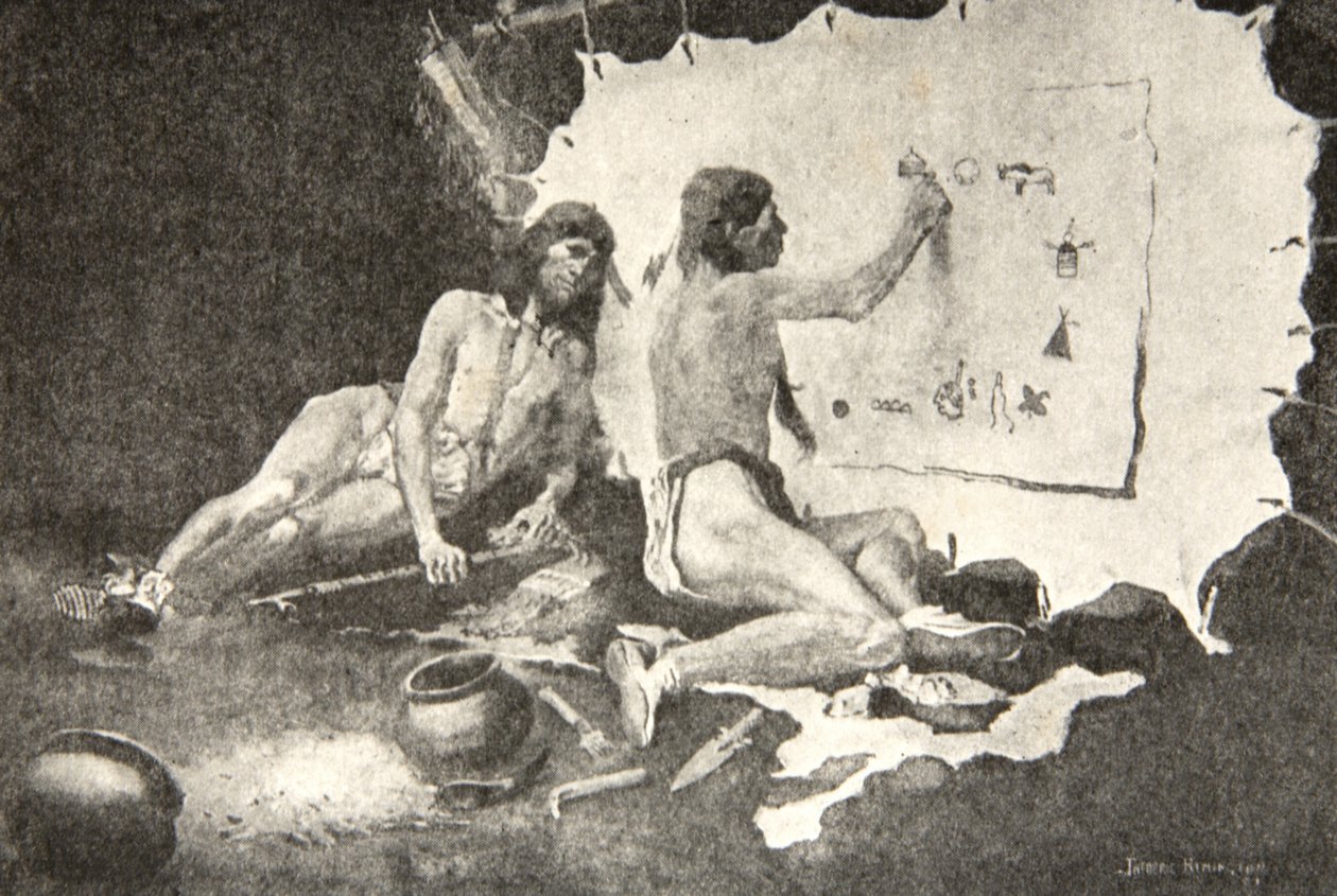 Ilyenek például az általuk festett formák, A nyírfa kérgére és a szarvasbőrre, Henry Wadsworth Longfellow (1807-82) Hiawatha énekéből, pub. George G. Harrap und Company Ltd., 1911 alkotó: Frederic Remington