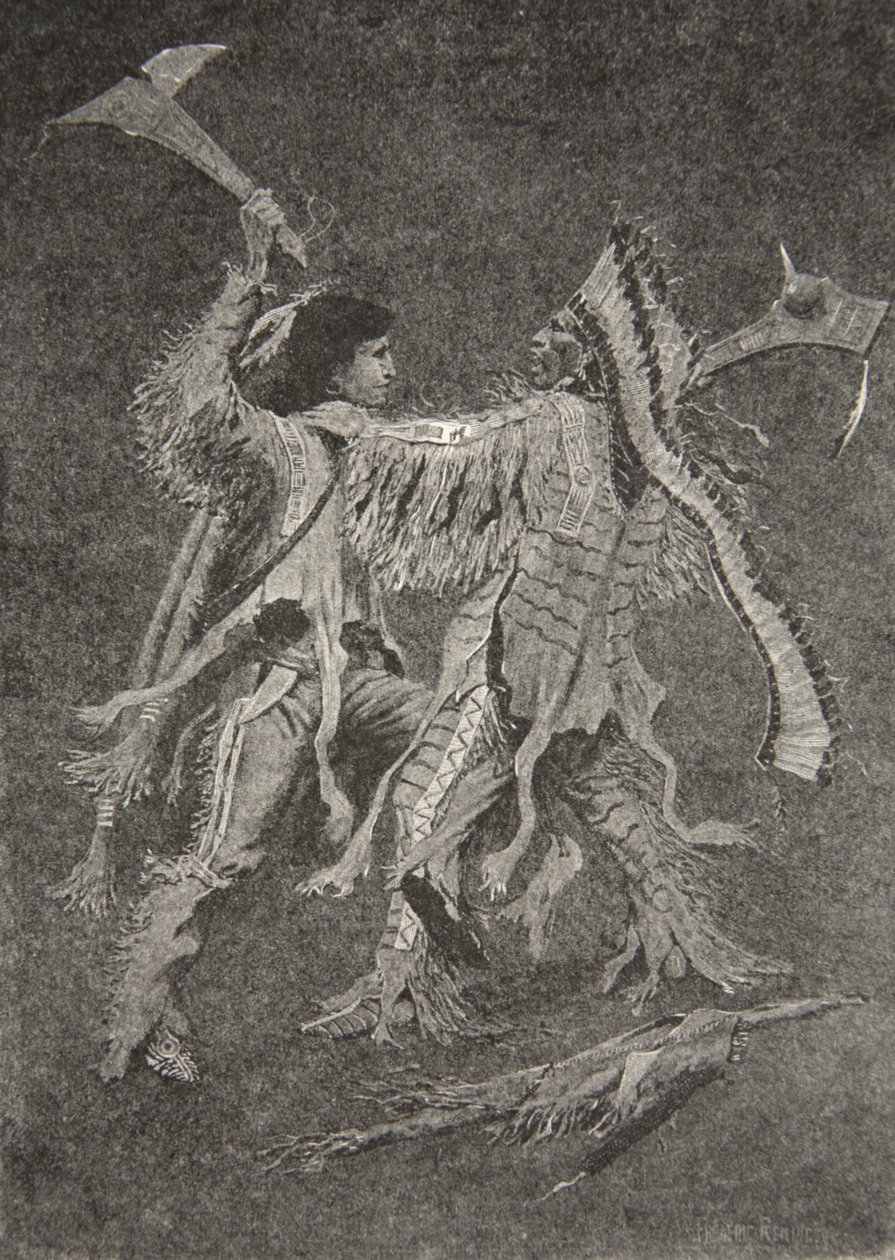 Ezután kezdődött a legnagyobb csata, amelyre a nap valaha is nézett, Henry Wadsworth Longfellow (1807-82) Hiawatha dala című kocsmából. George G. Harrap und Company Ltd., 1911 alkotó: Frederic Remington