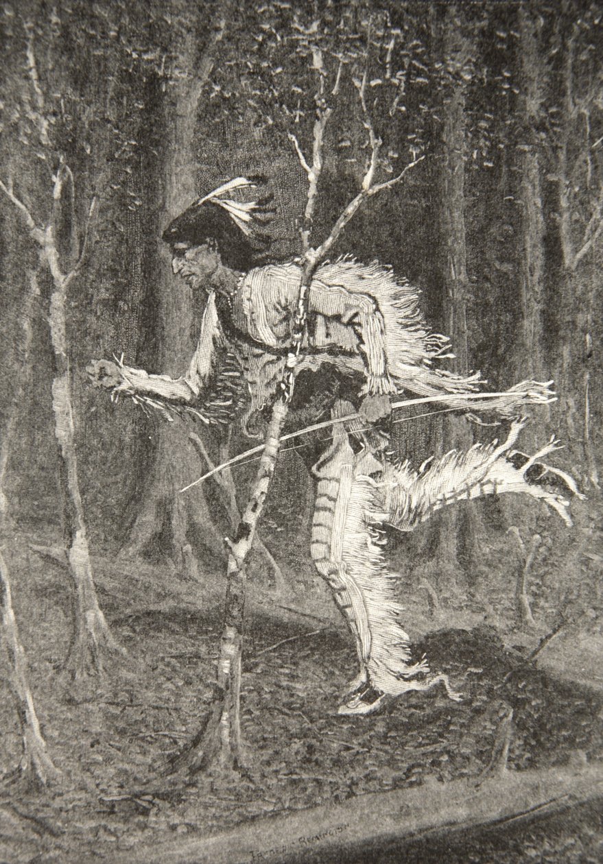 Bozóton, féken és erdőn át futott a ravasz Pau-Puk-Keewis Henry Wadsworth Longfellow (1807-82) Hiawatha dala című kocsmából. George G. Harrap und Company Ltd., 1911 alkotó: Frederic Remington