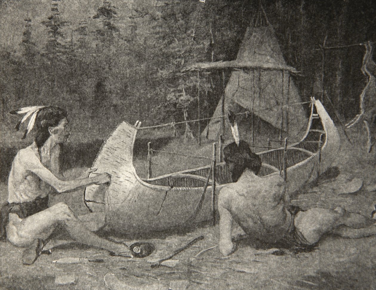 Így épült meg a nyírfa kenu... Az erdő ölén, Henry Wadsworth Longfellow (1807-82) Hiawatha dala című kocsmából. George G. Harrap und Company Ltd., 1911 alkotó: Frederic Remington