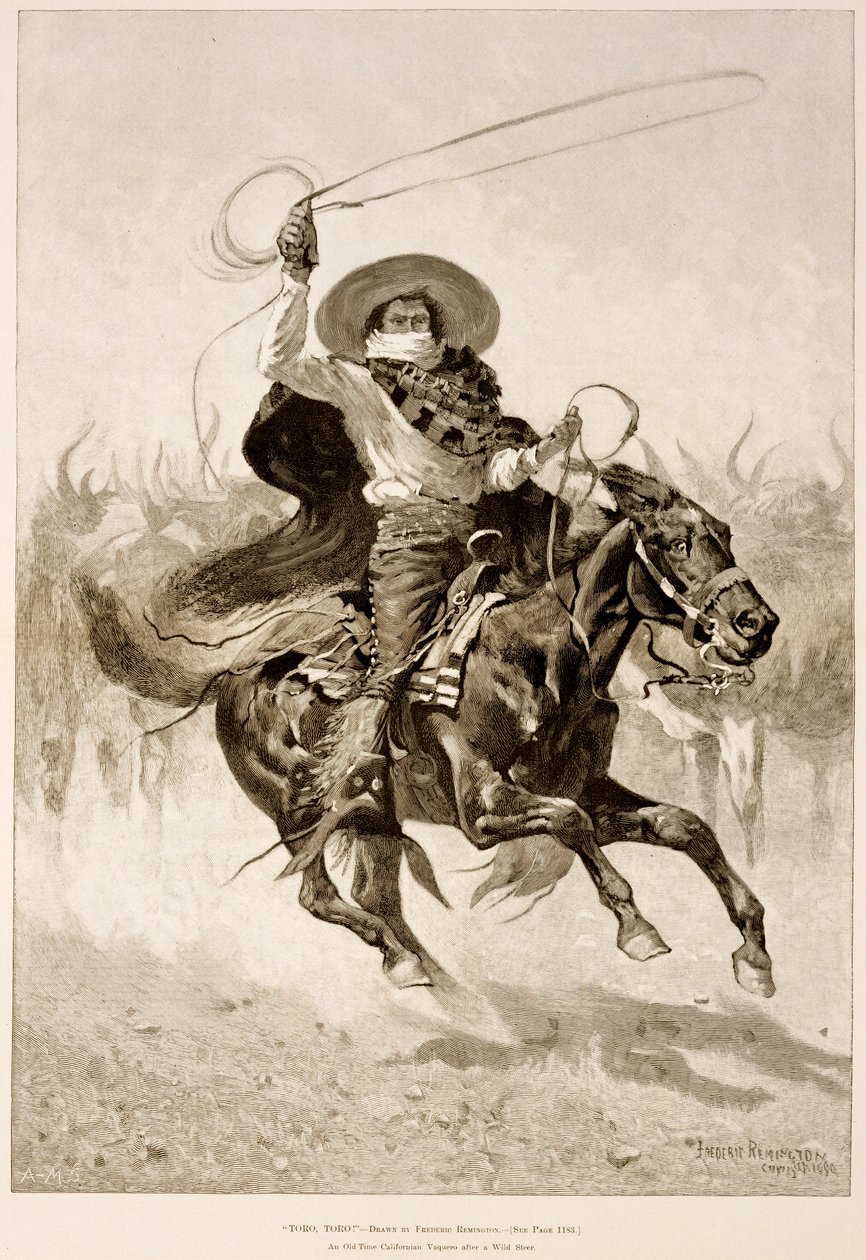 Toro, Toro!, egy régi kaliforniai Vaquero egy vadkormány után (fametszet újságpapíron) alkotó: Frederic Remington