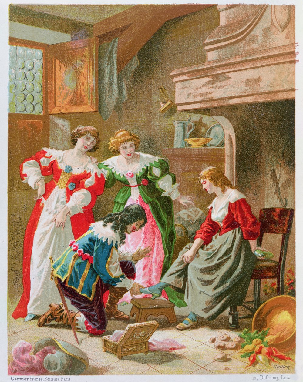 Hamupipőke próbálja fel az üvegpapucsot, a „Les Contes de Perrault”-ból (chromolitho) alkotó: Frederic Theodore Lix