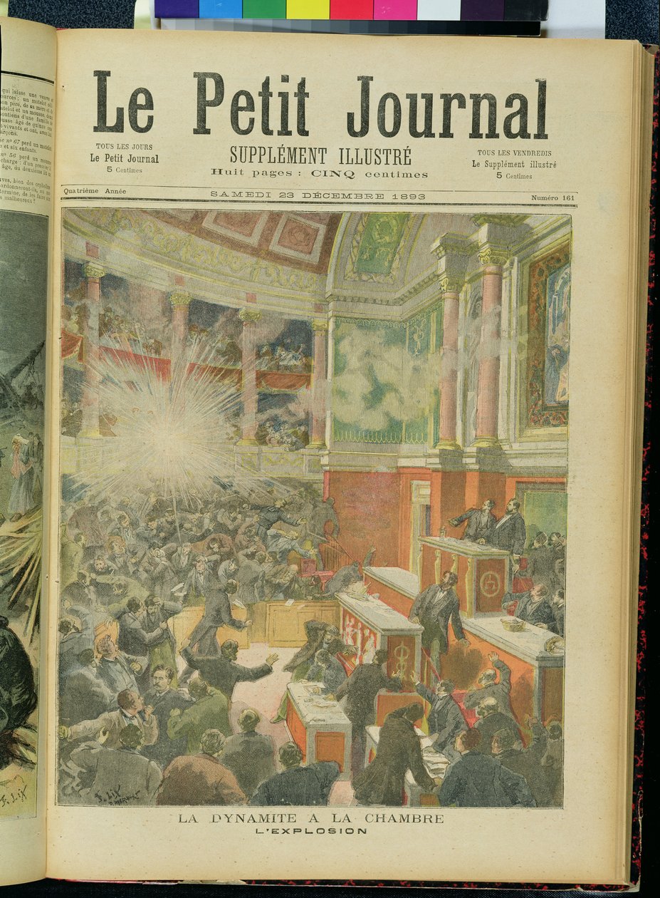 Dinamitrobbanás a képviselőházban, a "Le Petit Journal" címlapja 1893. december 23. alkotó: Frederic Theodore Lix