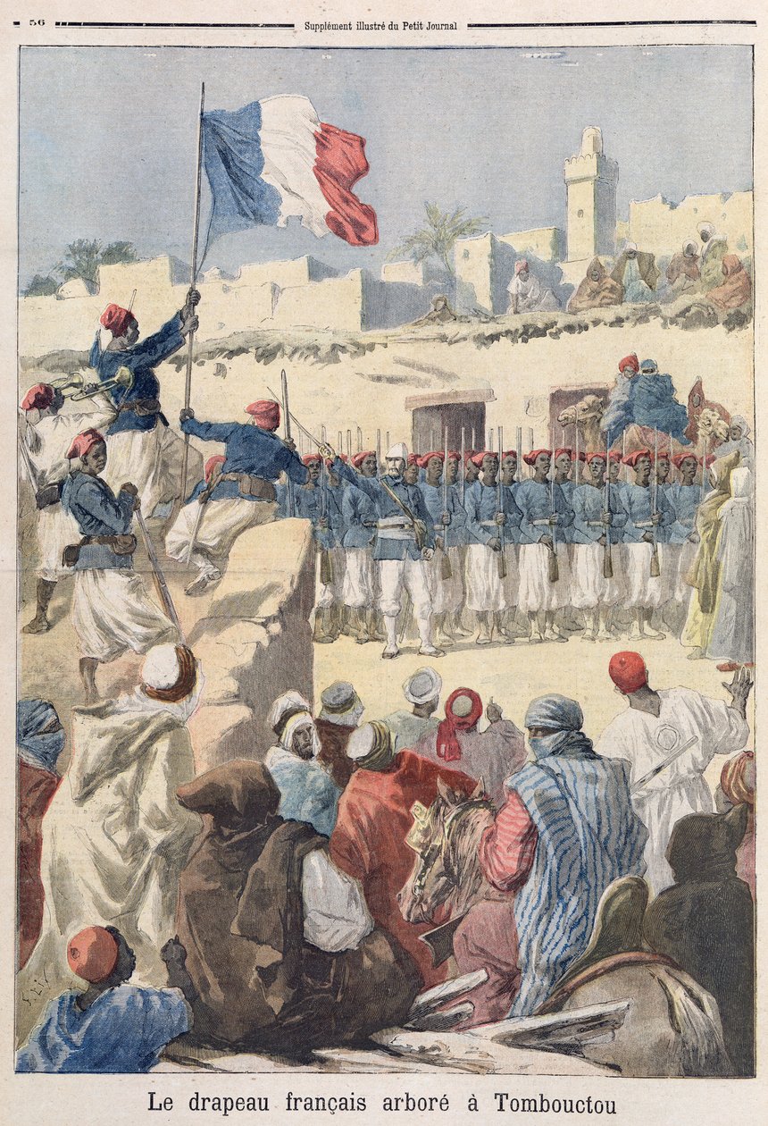 A francia zászló felvonása Timbuktuban (Mali) a „Le Petit Journal”-ból, 1894. február alkotó: Frederic Theodore Lix