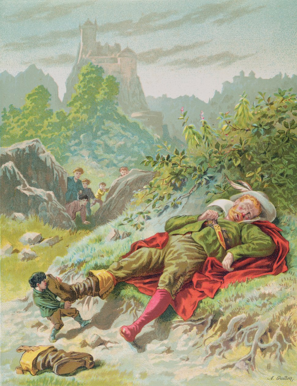 Tom Thumb leveszi az Ogre csizmáját, illusztráció a Contes de Perrault-hoz, kiadása: Editions Garnier, Párizs, 19. század vége alkotó: Frederic Theodore Lix
