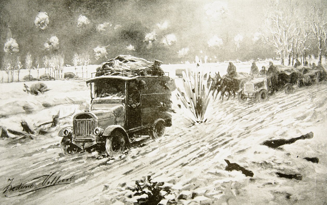 Brit szállítóvonat a hófödte Ypres útjain, súlyos gránáttűz alatt haladva alkotó: Frederic Villiers