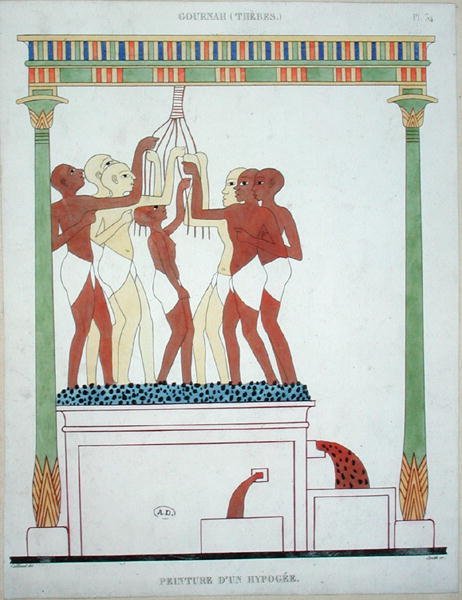 Pressing Grapes, egy thébai falfestmény másolata, Smith által metszett (színes litó) alkotó: Frederic (after) Cailliaud