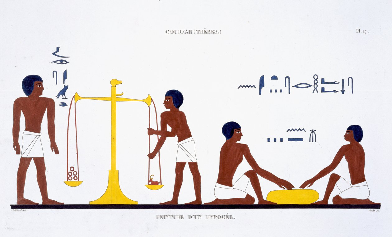 A halál rituáléi (a téma nem tisztázott), egy ritka thébai freskó-feljegyzésből, amelyet Frederic Cailliaud (1787-1869) második egyiptomi látogatása alkalmával 1819-1822 között rögzített (színes litó) alkotó: Frederic (after) Cailliaud