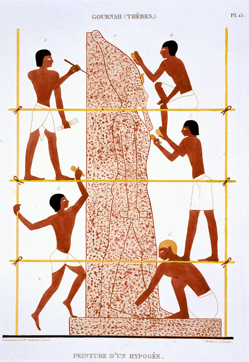 A kőfaragók kolosszális fáraószobrot készítenek a ritka thébai freskókról, 1819-1822 között, második egyiptomi látogatásán alkotó: Frederic (after) Cailliaud