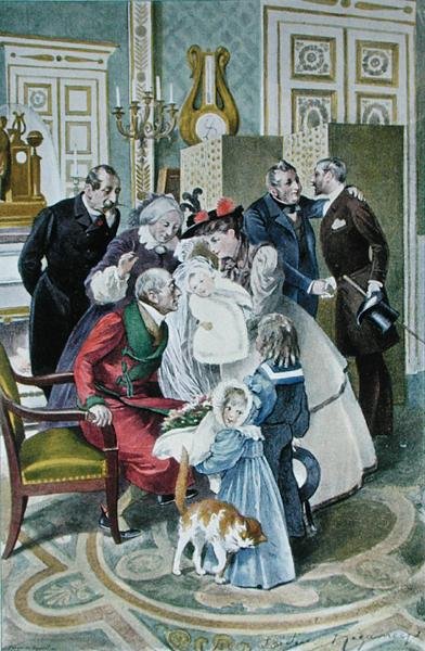 Látogatás a nagyszülőknél, eredeti akvarell után, 19. század végén (színes litho) alkotó: Frederic (after) Regamey