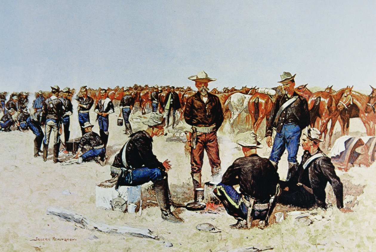 Egy lovasság reggelije a síkságon, egy 1890 körüli olajfestményről (színes litó) alkotó: Frederic (after) Remington
