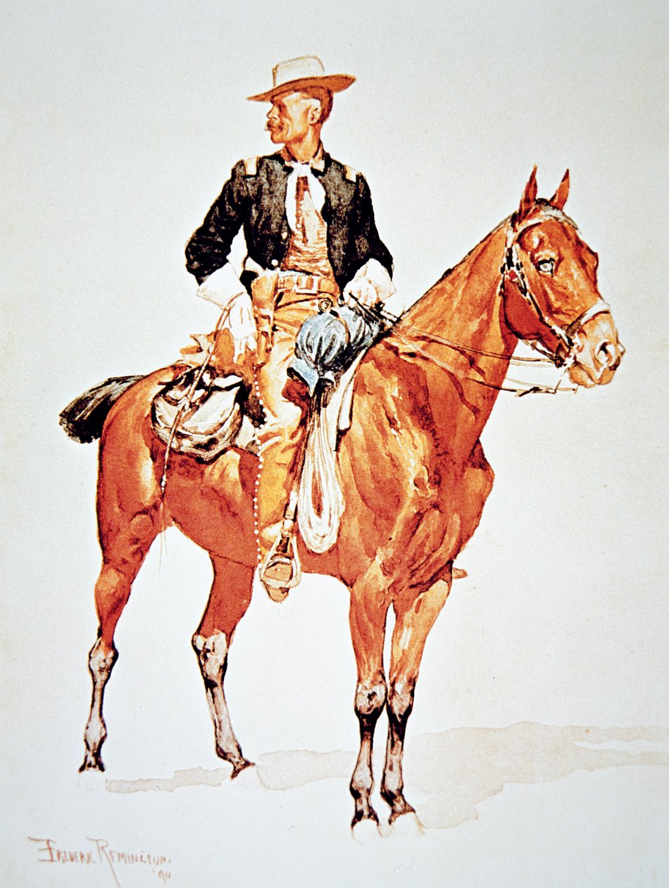 S.C. Robertson hadnagy, a Crow Scouts főnöke, egy 1890-es akvarellről (színes litó) alkotó: Frederic (after) Remington