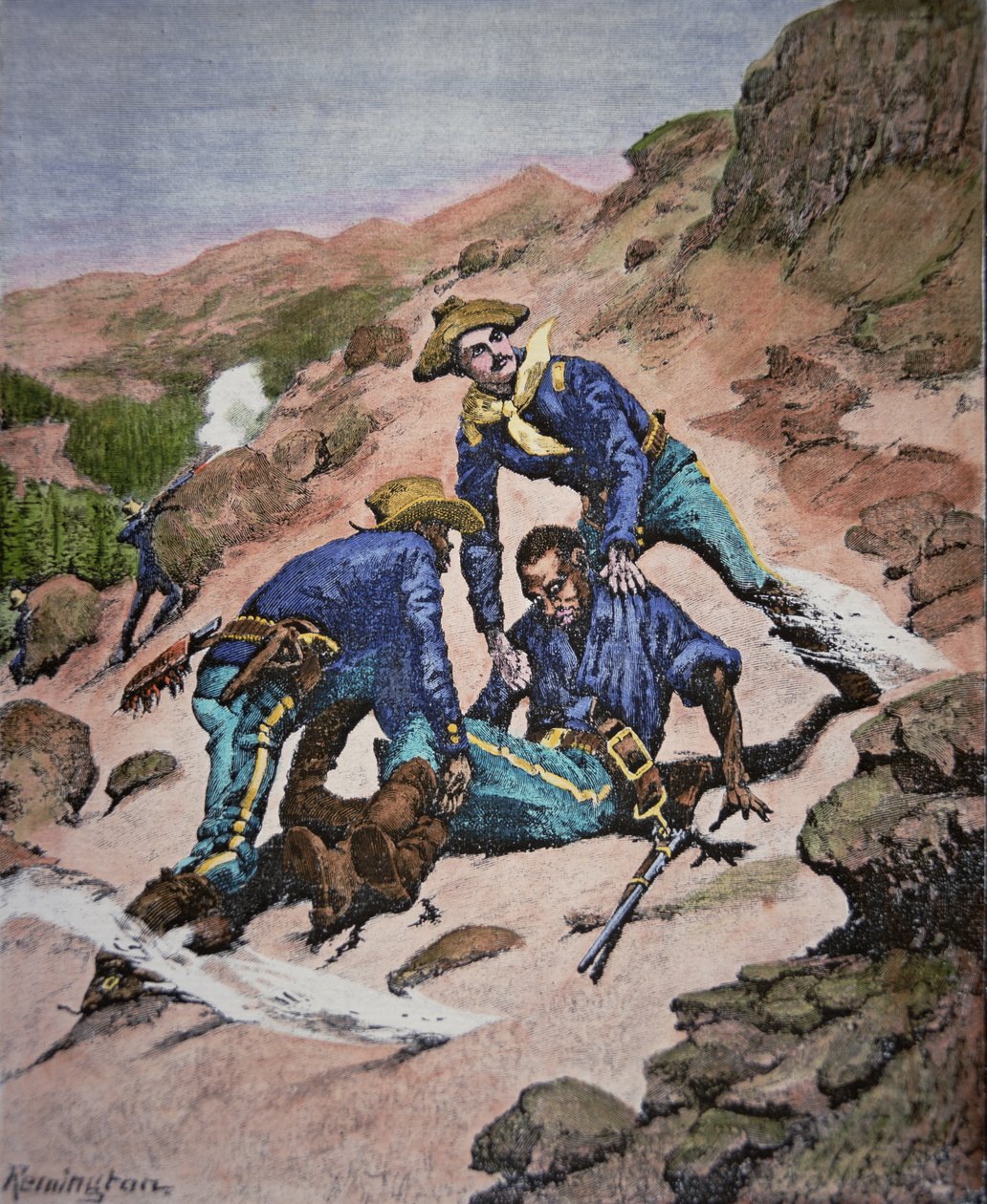 Scott tizedes megmentése az 1886-os Geronimo hadjárat során (színes metszet) alkotó: Frederic (after) Remington