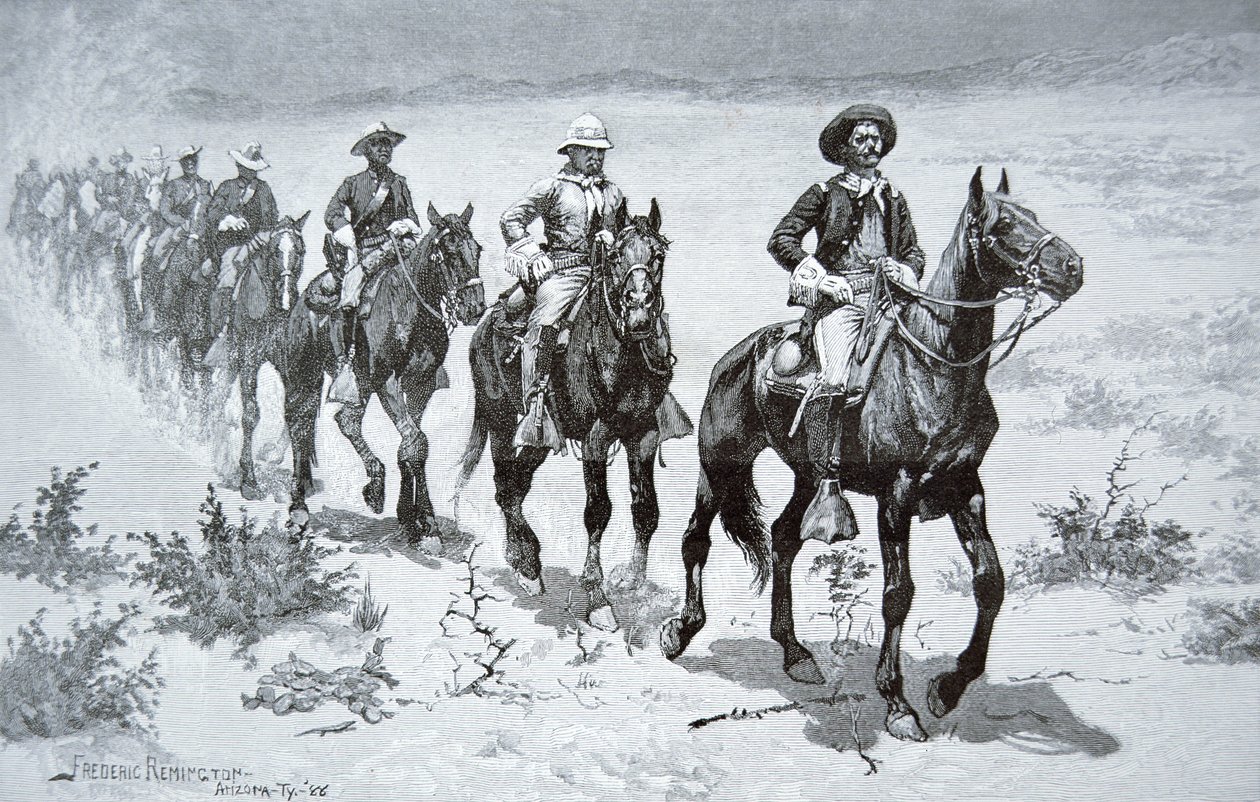 Amerikai „Buffalo Soldiers” menetelés a sivatagban, egy 1888-as rajzból (metszet) alkotó: Frederic (after) Remington