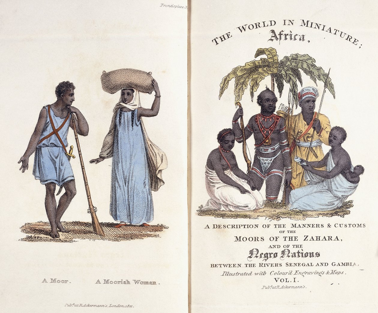 A „The World in Miniature: Africa” I. kötetének illusztrált előlapja és címlapja alkotó: Frederic (after) Shoberl
