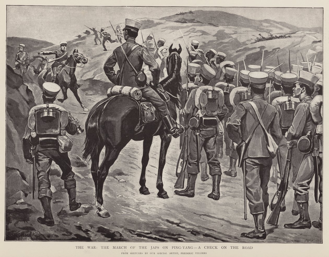 A háború, a japánok bevonulása Ping-Jangba, ellenőrzés az úton (litográfia) alkotó: Frederic (after) Villiers