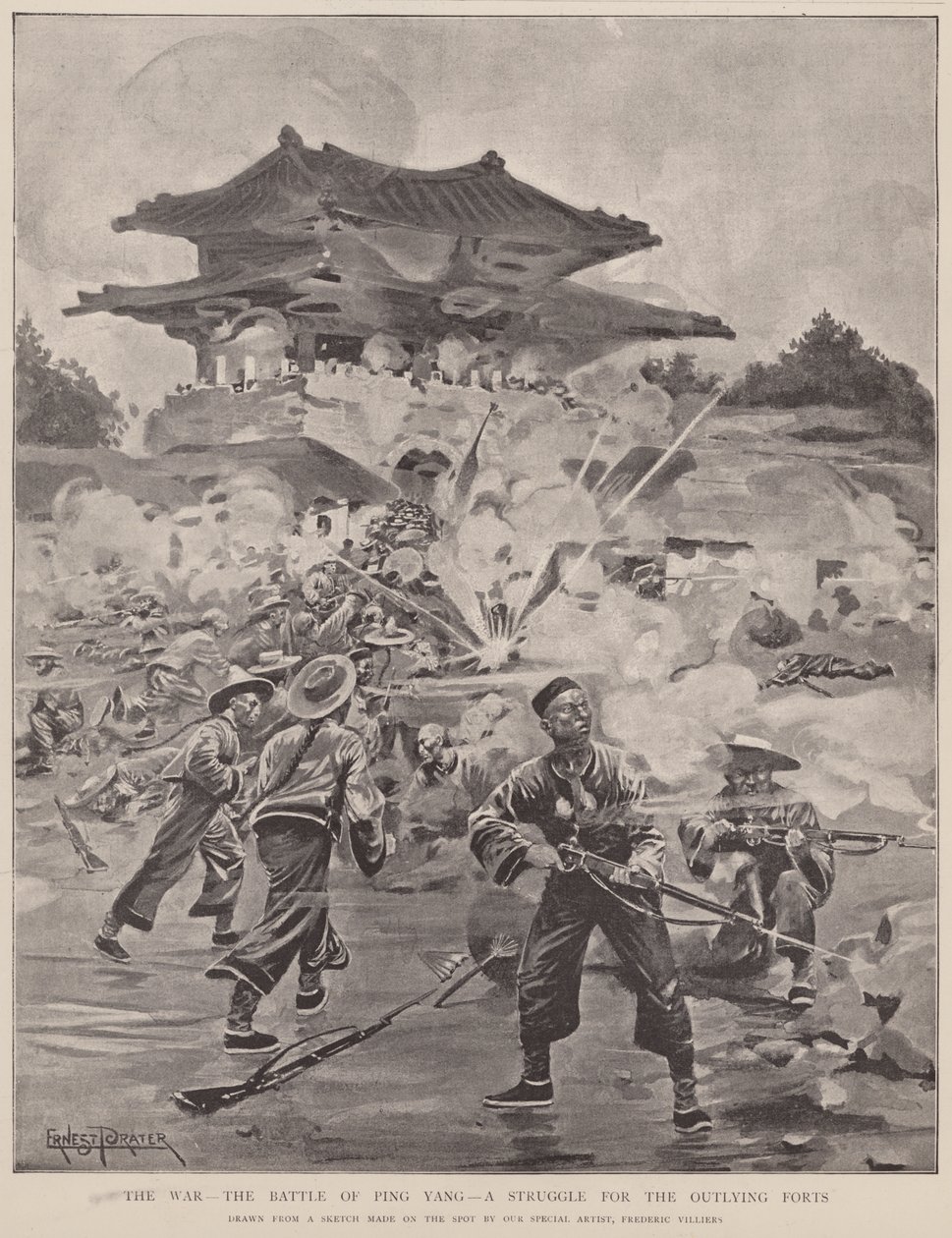 A háború, a ping-jangi csata, harc a külső erődökért (litho) alkotó: Frederic (after) Villiers