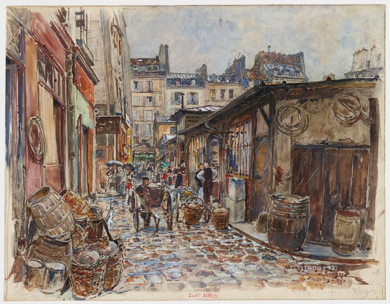 A Marché des Enfants Rouges, nyugati oldalon, esőben alkotó: Frederic Anatole Houbron