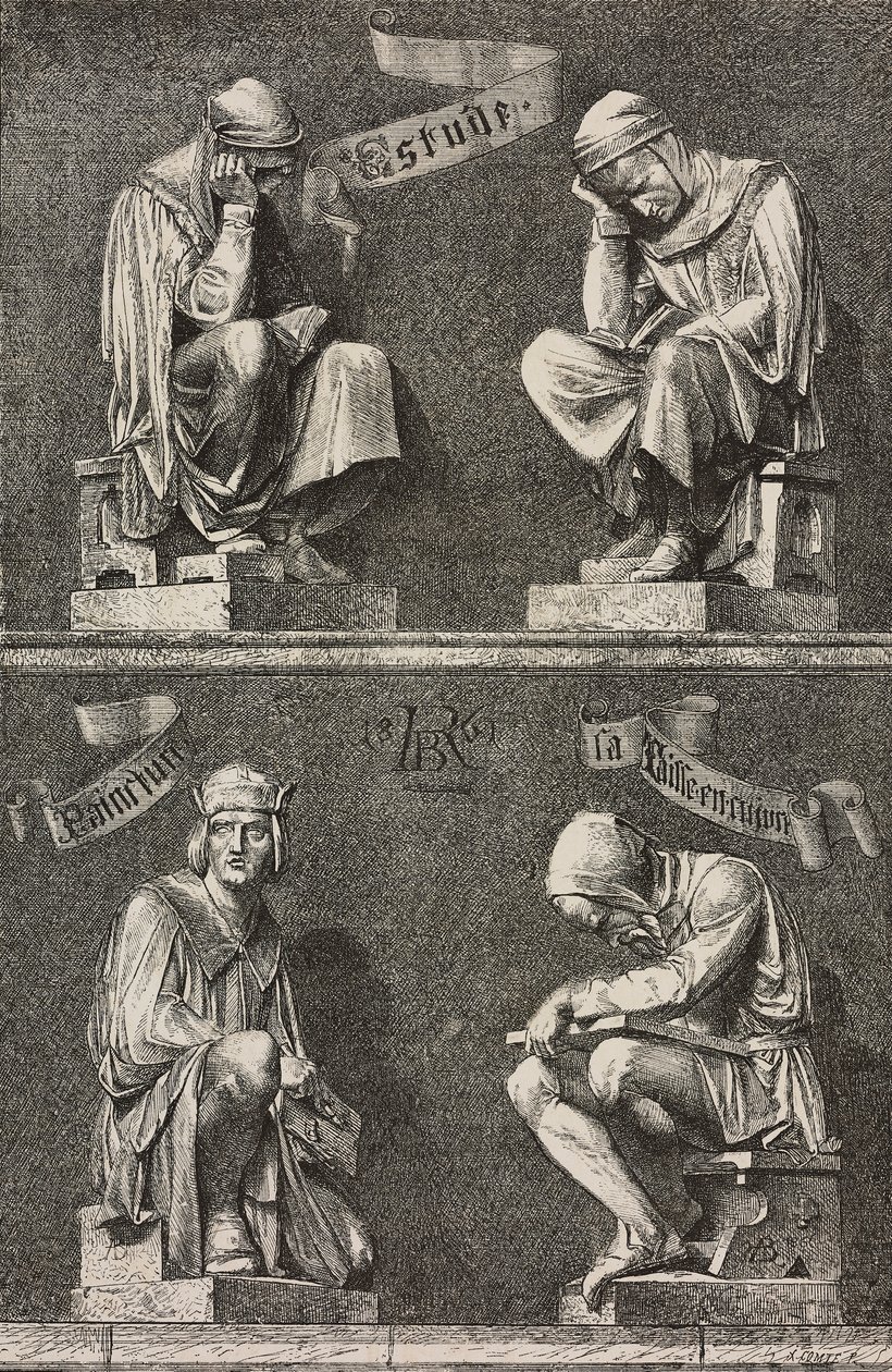 A tanulmány allegóriája, díszítő figurák Martin Schongauer szobra tövében, amelyet Auguste Bartholdi (1834-1904) készített a franciaországi colmari Unterlinden kolostor számára alkotó: Frederic Auguste Bartholdi
