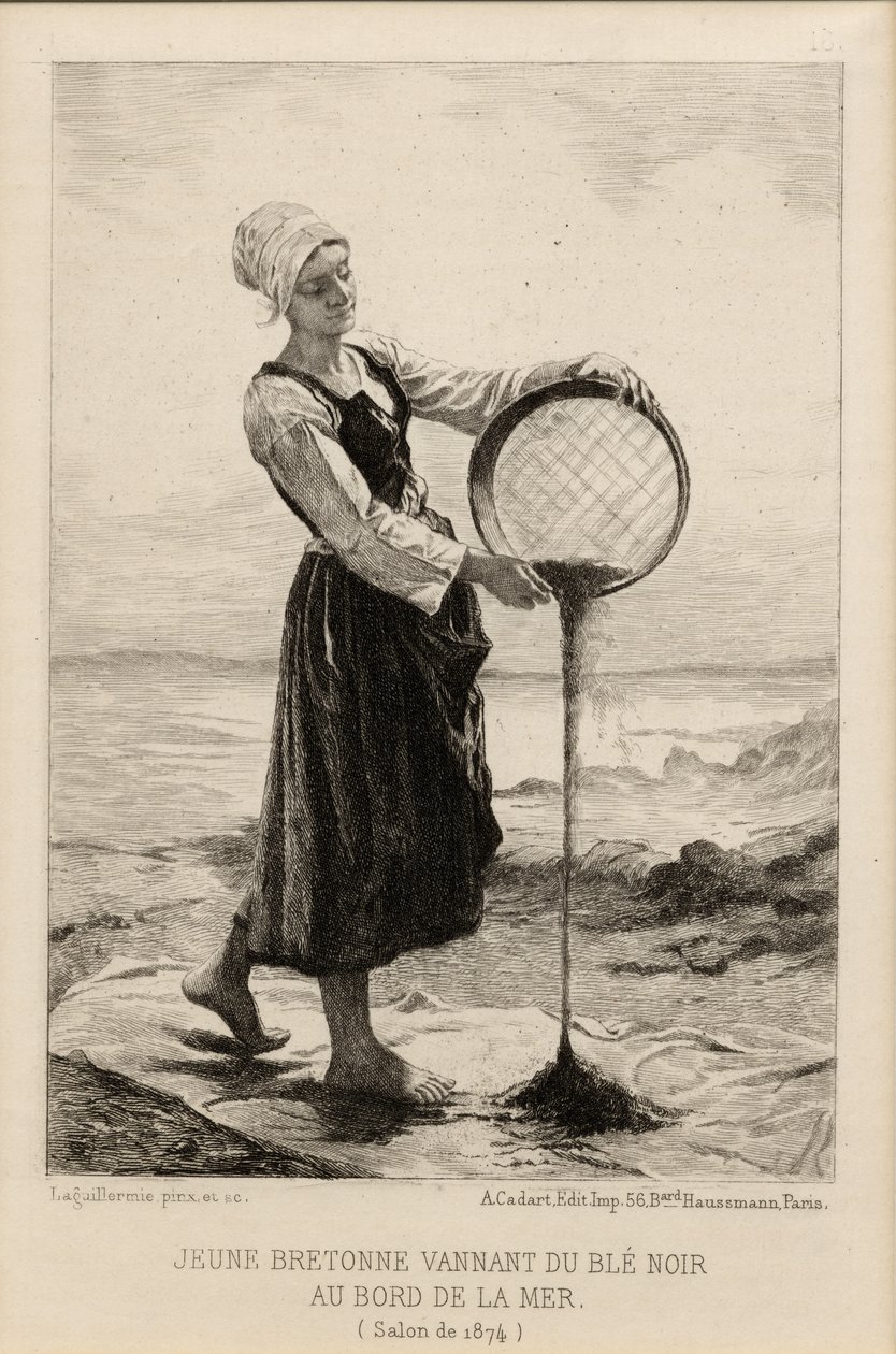 Fiatal Bretonne Winnowing Hajdina a tengerparton, Cadart metszete 1874-ben (nyomtatás) alkotó: Frederic Auguste Laguillermie