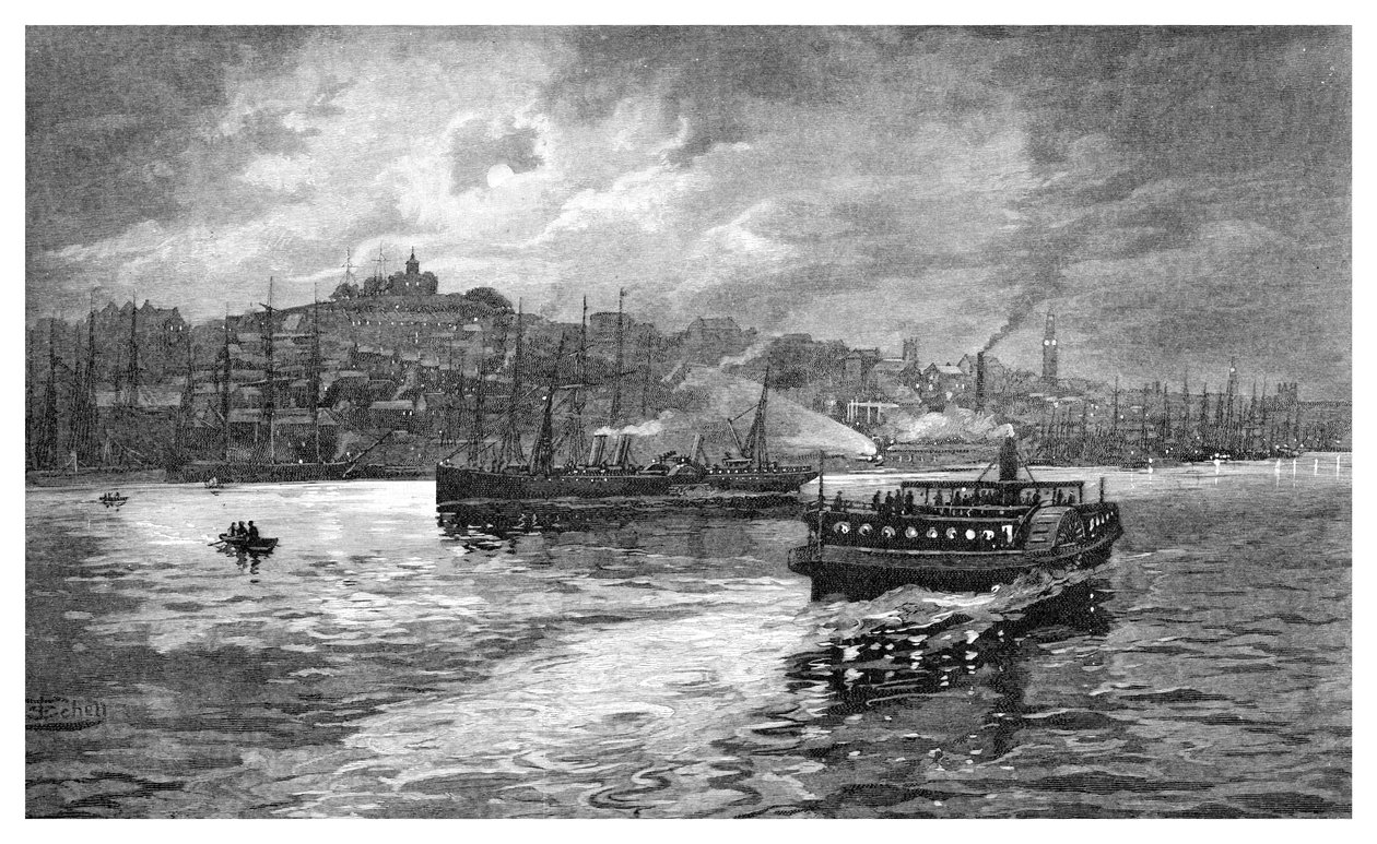 Éjszakai jelenet, Darling Harbour, Sydney, Új-Dél-Wales, Ausztrália, 1886. alkotó: Frederic B. Schell