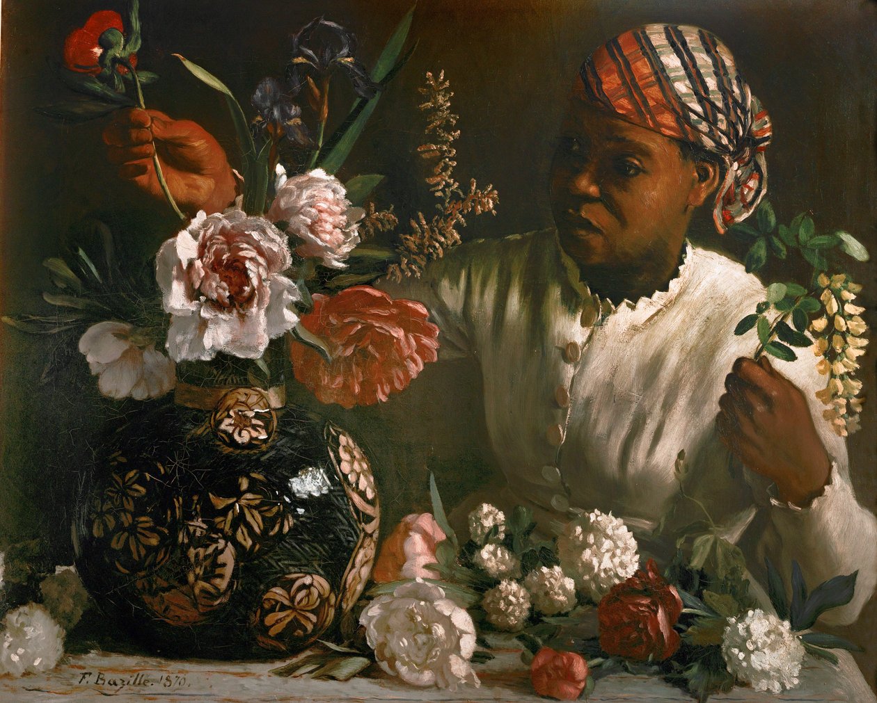Fekete nő bazsarózsákkal ... (olaj, vászon) alkotó: Frédéric Bazille