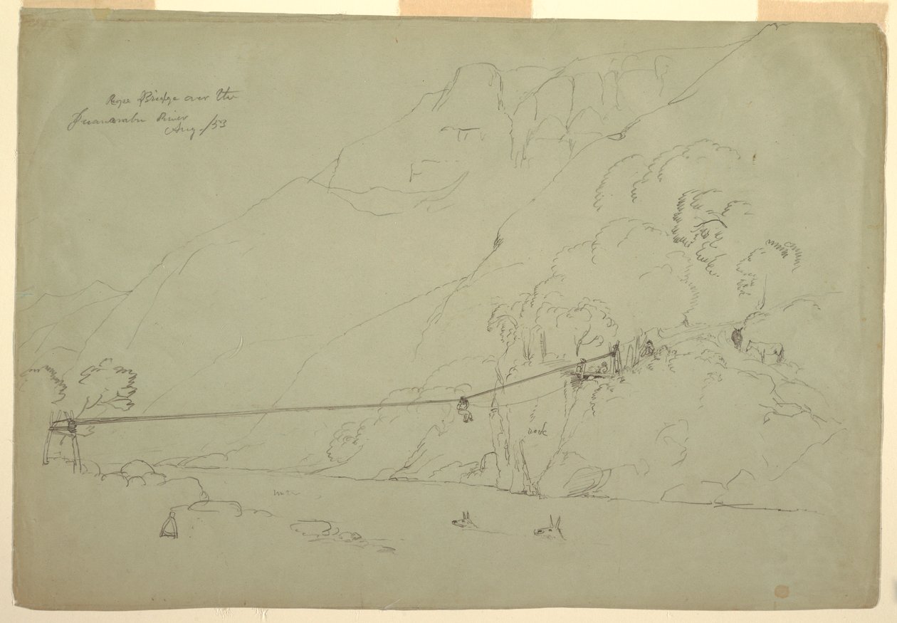 Rajz, Kötélhíd Kolumbiában, 1853. augusztus alkotó: Frederic Edwin Church