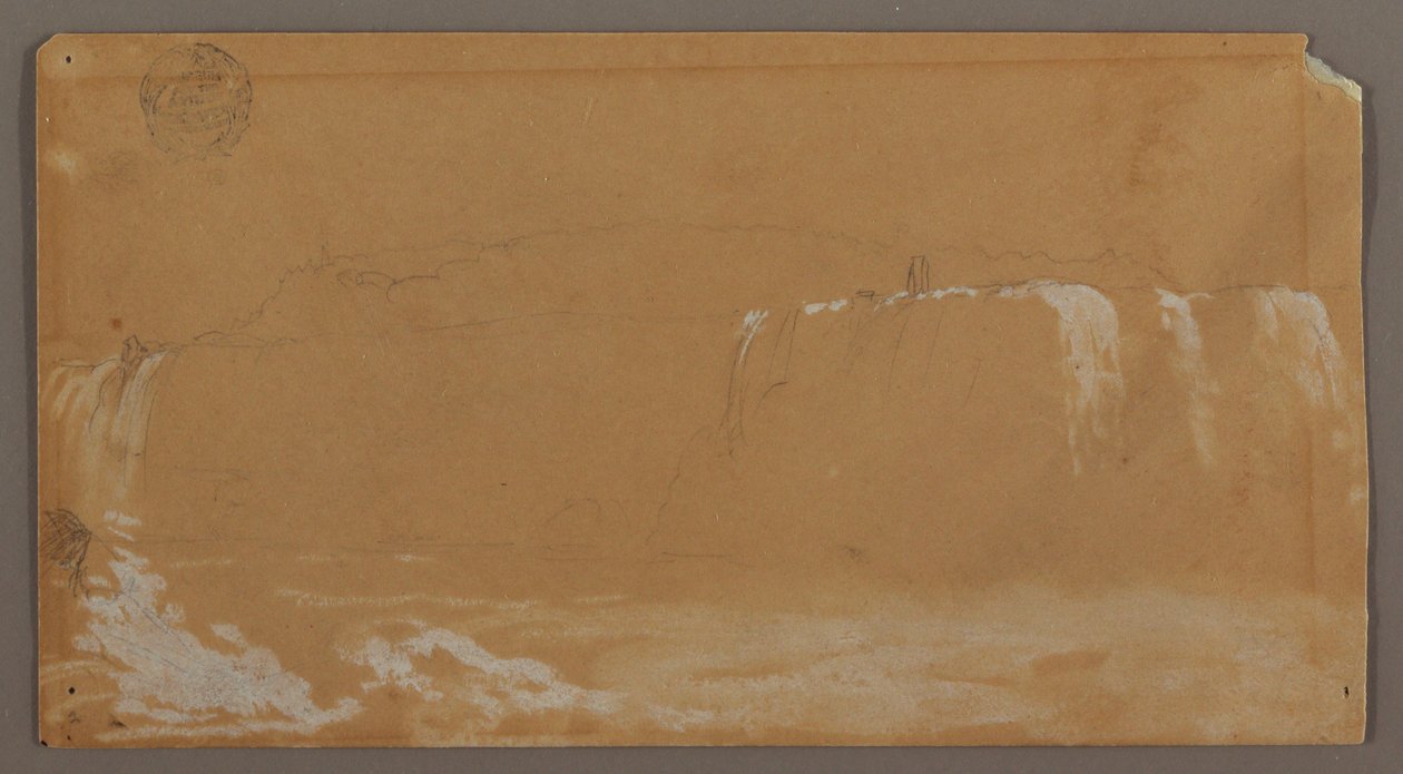 Rajz, Amerikai vízesés, Kecskesziget és a Patkó-vízesés egy része, a Niagara folyó kanadai partjáról nézve, valószínűleg 1858. alkotó: Frederic Edwin Church