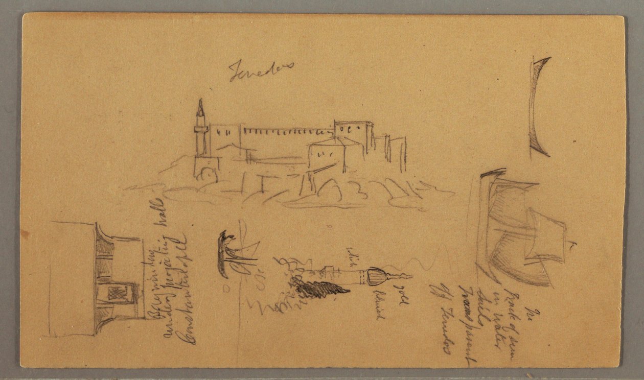 Rajz, kastély, minaret, vitorlások, ház, 1868. május alkotó: Frederic Edwin Church