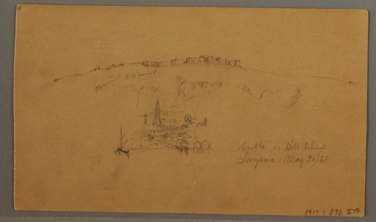 Rajz, kastély, minaret, vitorlások, ház, 1868. május alkotó: Frederic Edwin Church