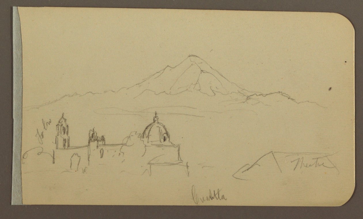 Rajz, katedrális, hegy, Cuautla; hátoldal: ház, templom, fa Cuautla, 1885. február alkotó: Frederic Edwin Church