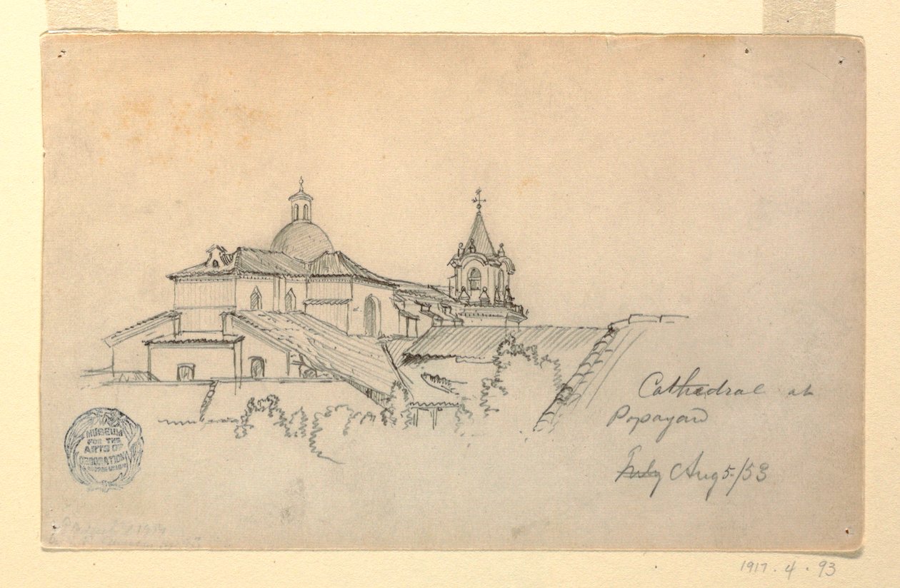 Rajz, katedrális Popayanban, Kolumbia, 1853. augusztus 5. alkotó: Frederic Edwin Church