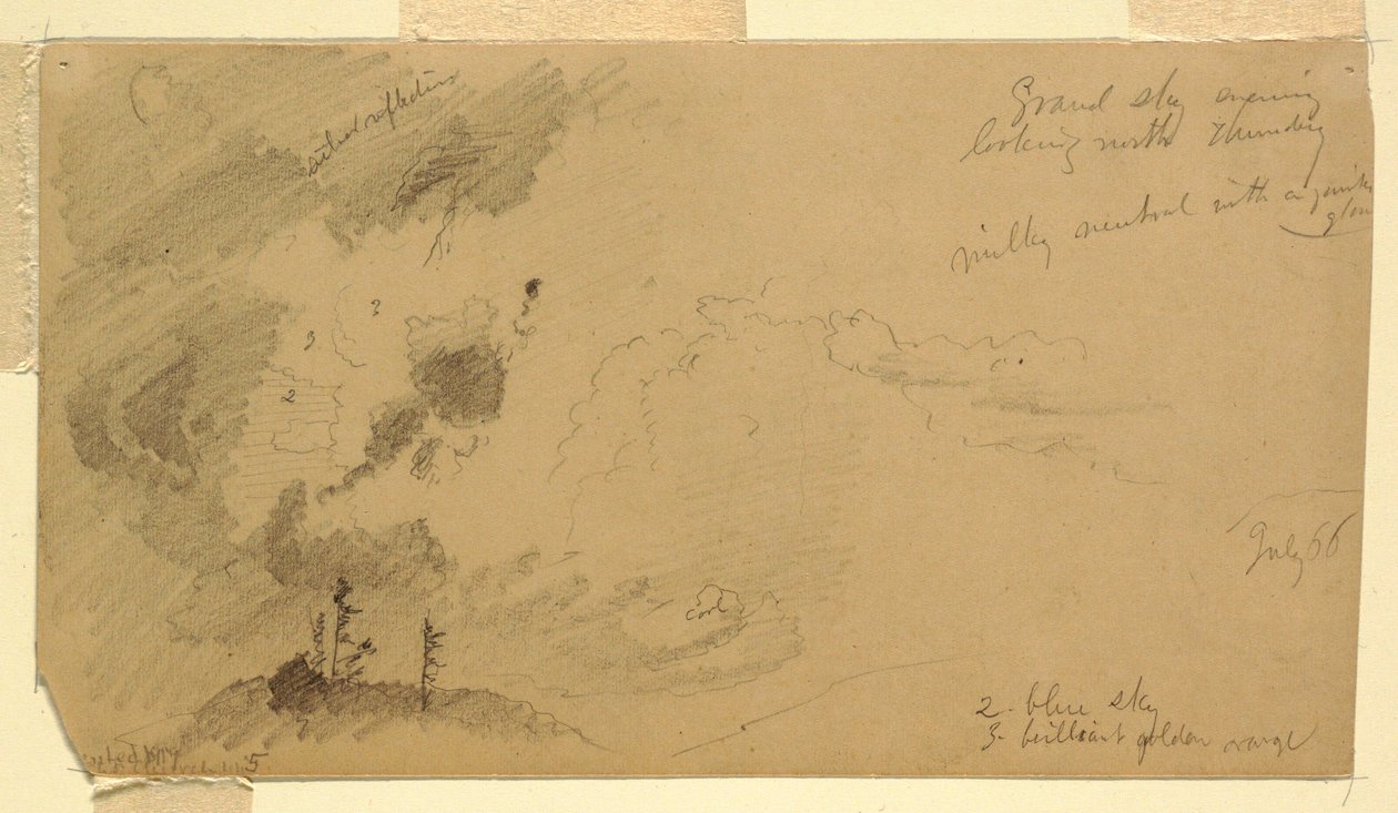 Rajz, Felhős esti égbolt egy dombvidék felett, 1866. július alkotó: Frederic Edwin Church