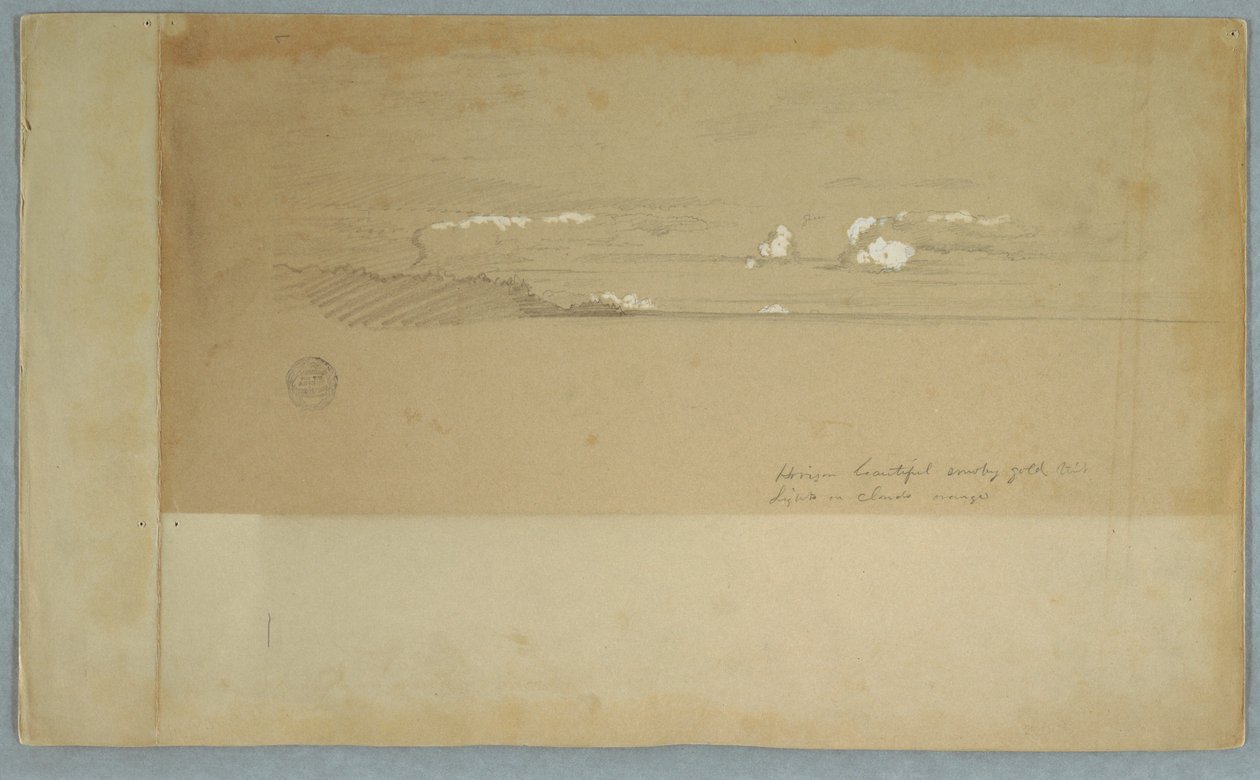 Rajz, Felhős égbolt dombos és erdős öntés felett, talán 1857 alkotó: Frederic Edwin Church