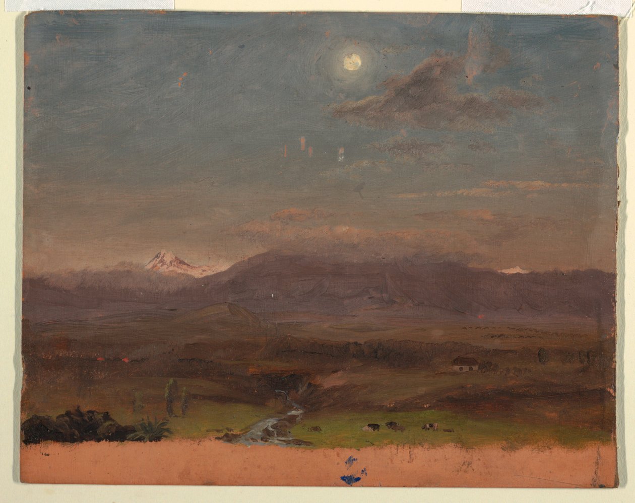 Rajz, Kolumbia vagy Ecuador, hegyek, holdfény, 1853 vagy 1857 alkotó: Frederic Edwin Church